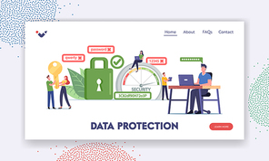 Data Protection Landing Page Template. Characters Create Strong Password for Internet Account. Man Working on Laptop in Office, Scale with Password Difficulty Range. Cartoon People Vector Illustration