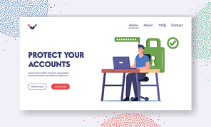 Profile and Internet Account Protection Landing Page Template. Male Character Sitting at Desk Working on Laptop with Strong Password for Personal Data Protection. Cartoon People Vector Illustration