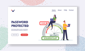 Data Protection Landing Page Template. Woman with Laptop, Man with Tablet near Huge Scale of Password Security Range with Poor, Average, Good and Excellent Safety. Cartoon People Vector Illustration