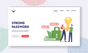 Data Protection Landing Page Template. Tiny Characters Holding Huge Gold Key near Green Padlock with Strong Password of Random Alphabet Letters and Numerals. Cartoon People Vector Illustration