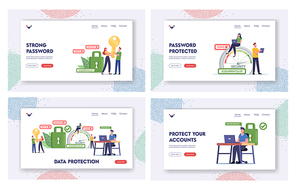 Data Protection Landing Page Template Set. Characters Create Strong Password for Account. Man Working on Laptop in Office, Scale with Password Difficulty Range. Cartoon People Vector Illustration