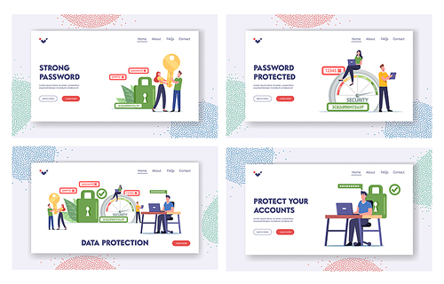 Data Protection Landing Page Template Set. Characters Create Strong Password for Account. Man Working on Laptop in Office, Scale with Password Difficulty Range. Cartoon People Vector Illustration