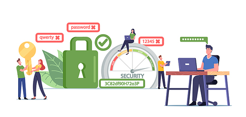 Characters Create Strong Password for Internet Account. Man Working on Laptop in Office, Woman Sitting on Scale with Password Difficulty Range Poor or Excellent. Cartoon People Vector Illustration