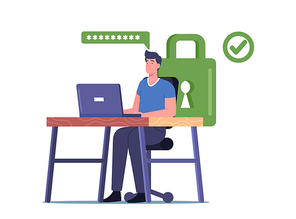Male Character Sitting at Desk near Green Padlock Working on Laptop with Strong Password for Profile and Internet Account Access. Personal Data Protection Concept. Cartoon People Vector Illustration