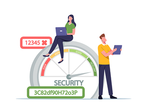 Woman with Laptop and Man with Tablet near Huge Scale of Password Security Range with Poor, Average, Good and Excellent Safety. Characters Create Data Protection. Cartoon People Vector Illustration