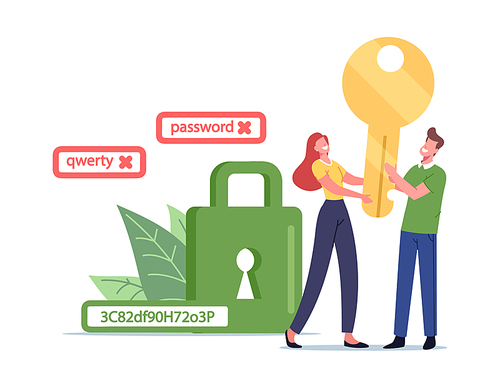Data Protection Concept. Tiny Male and Female Characters Holding Huge Gold Key near Green Padlock with Strong Password of Random Alphabet Letters and Numerals. Cartoon People Vector Illustration