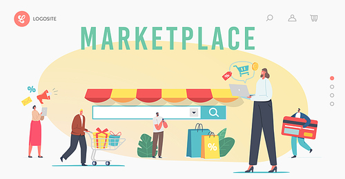 Marketplace Retail Business, Online Shopping Landing Page Template. Digital Shop App, Pc Browser. Tiny Characters Use Mobile Based Consultative Sales, Niche Service. Cartoon People Vector Illustration