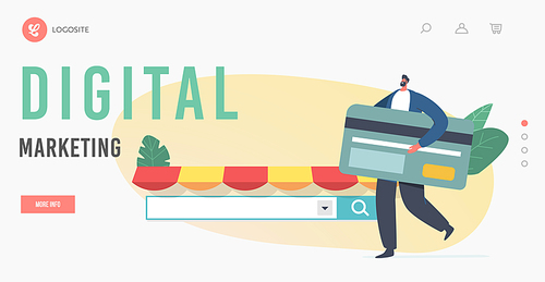 Digital Marketing Landing Page Template. Marketplace Online Shopping, Wireless Payment. Tiny Customer Character with Huge Credit Card Buying Goods in Internet Store. Cartoon Vector Illustration