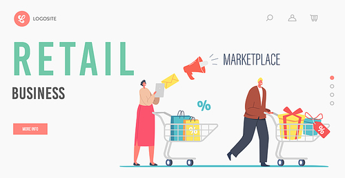 Retail Business Landing Page Template. Buyers Characters at Seasonal Sale or Marketplace Discount. People Push Trolley with Purchases. Happy Man and Woman , Shopping Fun. Cartoon Vector Illustration