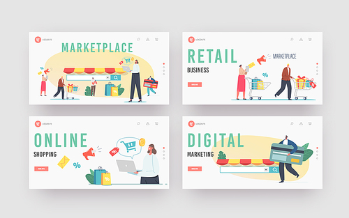 Marketplace Retail Business, Online Shopping Landing Page Template Set. Digital Shop App, Pc Browser. Characters Use Mobile Based Consultative Sales, Niche Service. Cartoon People Vector Illustration