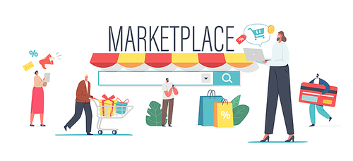 Marketplace Retail Business, Online Shopping Concept. Digital Shop Smartphone App or Pc Browser. Tiny Characters Use Mobile Based Consultative Sales, Niche Service. Cartoon People Vector Illustration