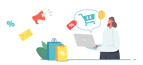 Marketplace, Purchase in One Click, Online Shopping Concept. Female Customer Character with Bags Purchasing via Laptop. Girl Use App for Buying, Digital Internet Store. Cartoon Vector Illustration