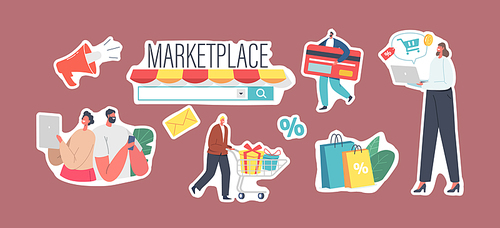Set of Stickers Marketplace Retail Business Theme, Online Shopping, Digital Shop App or Pc Browser. Characters Use Mobile Sales Service. Buyers Purchasing Goods. Cartoon People Vector Illustration