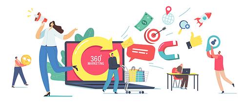 360 Degree Marketing Concept. Tiny Male and Female Characters at Huge Laptop with Turning Arrow. Manager Attract Clients use Advertising Yell to Megaphone, People Shopping. Cartoon Vector Illustration