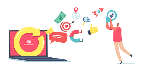 360 Degree Marketing Concept. Tiny Male Character at Huge Laptop with Turning Arrow and Media Icons Flying Out of Screen. Internet Management, Electronics Commerce Trade. Cartoon Vector Illustration