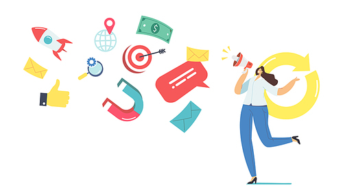 Female Promoter Character 360 Degree Marketing Advertising Campaign. Online Public Relations or Affairs. Woman Shouting to Megaphone. Pr Social Media Promotion, Digital Ad. Cartoon Vector Illustration