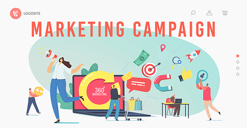 360 Degree Marketing Landing Page Template. Tiny Characters at Huge Laptop with Turning Arrow. Manager Attract Clients use Advertising Yell to Megaphone, People Shopping. Cartoon Vector Illustration