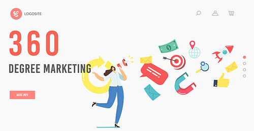 Female Promoter Character 360 Degree Marketing Advertising Campaign Landing Page Template. Online Public Relations or Affairs. Woman Shouting to Megaphone. Social Media Pr. Cartoon Vector Illustration