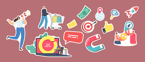Set of Stickers 360 Degree Marketing Theme. Promoter Character with Megaphone, Customer with Shopping Trolley, Laptop with Turning Arrow, Target, Thumb Up and Mail. Cartoon People Vector Illustration