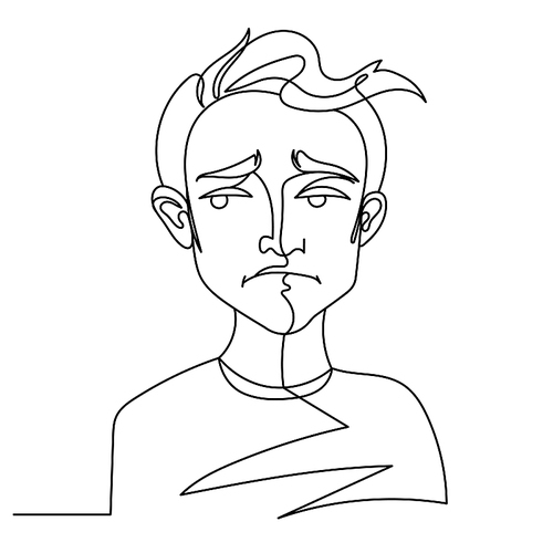 Sad Man Portrait One Line Art. Unhappy Male Facial Expression. Hand Drawn Linear Man Silhouette. Vector illustration