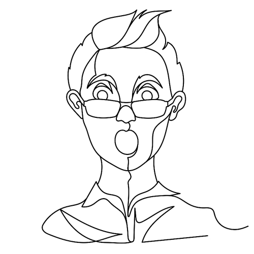 Shocked Man in Eyeglasses Portrait One Line Art. Surprised Male Facial Expression. Hand Drawn Linear Man Silhouette. Vector illustration