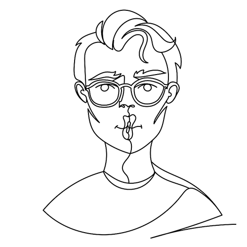 Man in Eyeglasses Pos  Portrait One Line Art. Male Facial Expression. Hand Drawn Linear Man Silhouette. Vector illustration
