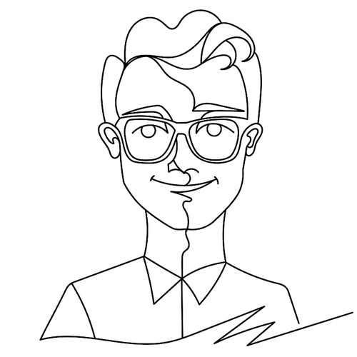 Man in Eyeglasses Smiling Portrait One Line Art. Happy Male Facial Expression. Hand Drawn Linear Man Silhouette. Vector illustration