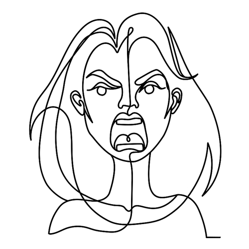 Screaming Woman One Line Art Portrait. Unhappy Female Facial Expression. Hand Drawn Linear Woman Silhouette. Vector illustration
