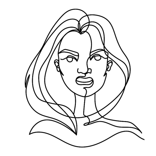 Screaming Woman One Line Art Portrait. Angry Female Facial Expression. Hand Drawn Linear Woman Silhouette. Vector illustration