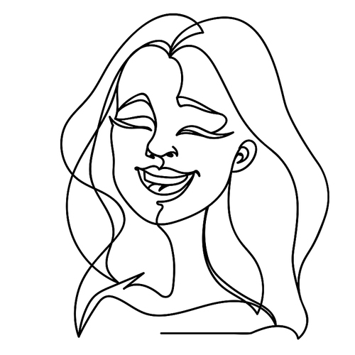 Laughing Woman One Line Art Portrait. Happy Female Facial Expression. Hand Drawn Linear Woman Silhouette. Vector illustration