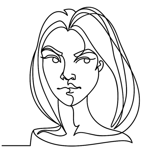 Angry Woman One Line Art Portrait. Unhappy Female Facial Expression. Hand Drawn Linear Woman Silhouette. Vector illustration
