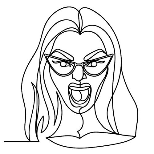 Screaming Woman in Eyeglasses One Line Art Portrait. Unhappy Female Facial Expression. Hand Drawn Linear Woman Silhouette. Vector illustration