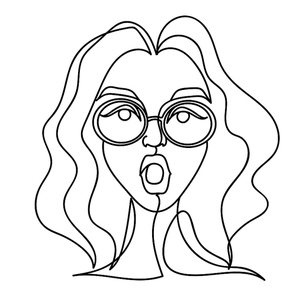 Surprised Woman in Eyeglasses One Line Art Portrait. Shocked Female Facial Expression. Hand Drawn Linear Woman Silhouette. Vector illustration