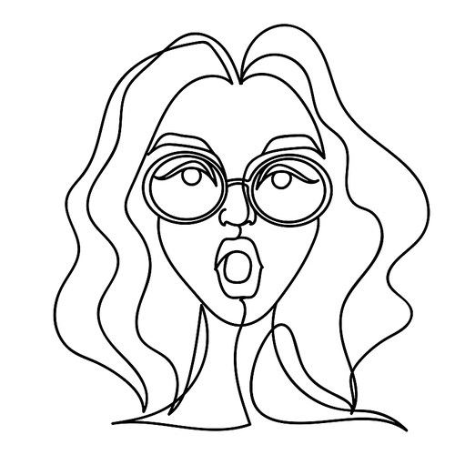 Surprised Woman in Eyeglasses One Line Art Portrait. Shocked Female Facial Expression. Hand Drawn Linear Woman Silhouette. Vector illustration