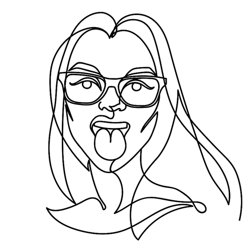 Woman in Eyeglasses Showing Tongue One Line Art Portrait. Playful Female Facial Expression. Hand Drawn Linear Woman Silhouette. Vector illustration