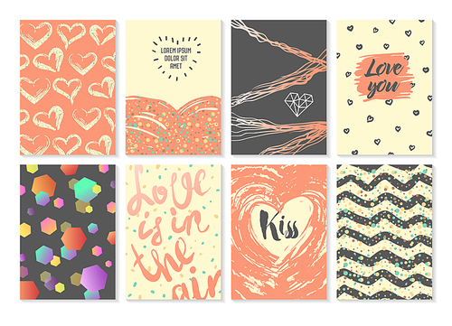 Abstract Greeting Cards Set for Valentines Day. Romantic Invitation Posters Design. Trendy Hipster Print. Love Collection. Vector illustration