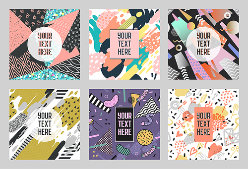 Memphis Abstract Posters Set with Geometric Shapes and Hand Drawn Brushes. Hipster Trendy Banners, Templates, Cover. 80 - 90s Fashion Cards. Vector illustration
