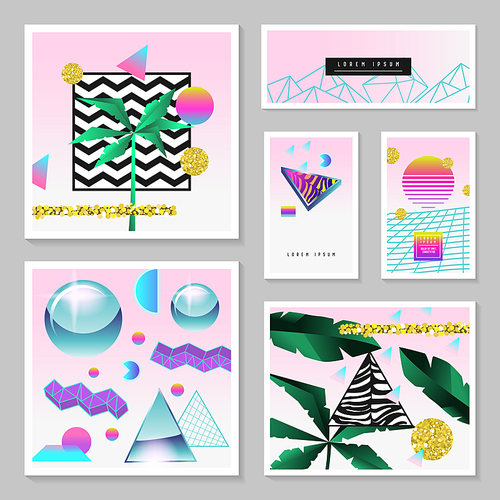 Synth Wave Tropical Poster Set. Futuristic Background with Geometric Elements. Holographic Design for Posters, Banners, Fabric. Vector illustration