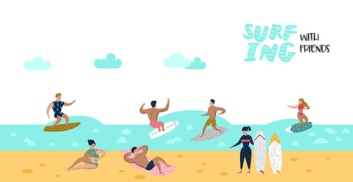characters people surfing at the beach poster, banner, . man and woman cartoon surfers. water sport concept. vector illustration