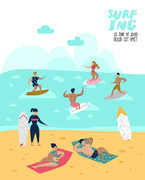 characters people surfing at the beach poster, banner, . man and woman cartoon surfers. water sport concept. vector illustration