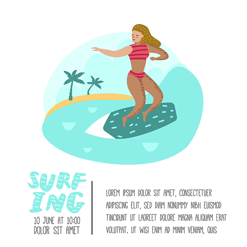 character woman surfing at the beach poster, banner, . girl cartoon surfer. water sport concept. vector illustration