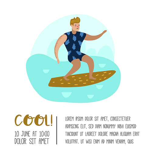 character man surfing at the beach poster, banner, . guy cartoon surfer. water sport concept. vector illustration