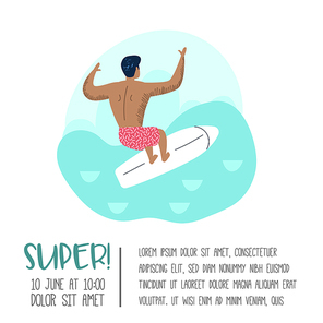 character man surfing at the beach poster, banner, . guy cartoon surfer. water sport concept. vector illustration