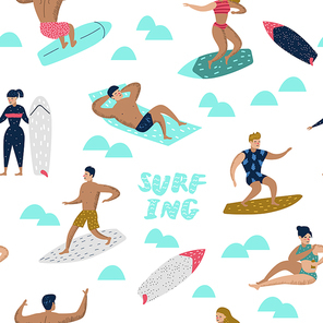 Seamless Pattern with Characters People Surfing at the Beach. Man and Woman Cartoon Surfers. Water Sport Concept. Vector illustration