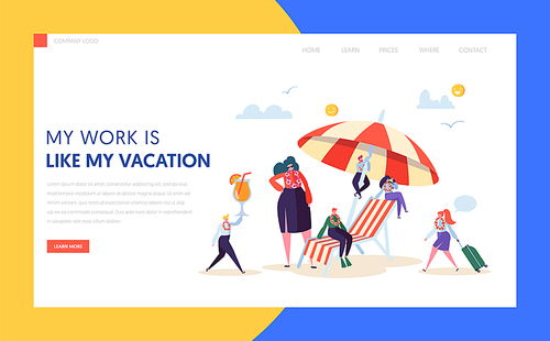 Happy Business Characters Vacation Landing Page. Office Manager Relax with Tropical Cocktail on Summer Holiday Resort Beach Concept for Website or Web Page. Flat Cartoon Vector Illustration