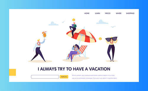 Happy Business Characters Vacation Landing Page. Office Manager Relax with Tropical Cocktail on Summer Holiday Resort Beach Concept for Website or Web Page. Flat Cartoon Vector Illustration