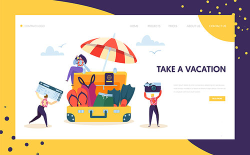 Happy Business Characters Pack for Vacation Landing Page. Office Workers Moving to Beach Travel Holding Camera and Plane Ticket Concept for Website or Web Page. Flat Cartoon Vector Illustration