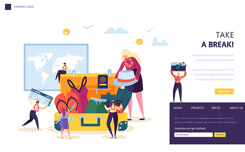 Business Characters Leaving for Corporate Vacation Landing Page. Office Workers Moving to Sea Holiday Holding Camera and Plane Ticket Concept for Website or Web Page. Flat Vector Illustration