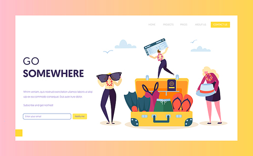 Business Character Packing Baggage for Vacation Landing Page. Man and Woman Prepare Bag to Plane Travel on Tropical Beach Concept for Website or Web Page. Flat Cartoon Vector Illustration