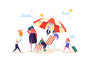 Happy Business Characters Relaxing on Beach Vacation. Office Workers People on Tropical Resort with Cocktail. Freelancer on Remote Work Place. Vector illustration